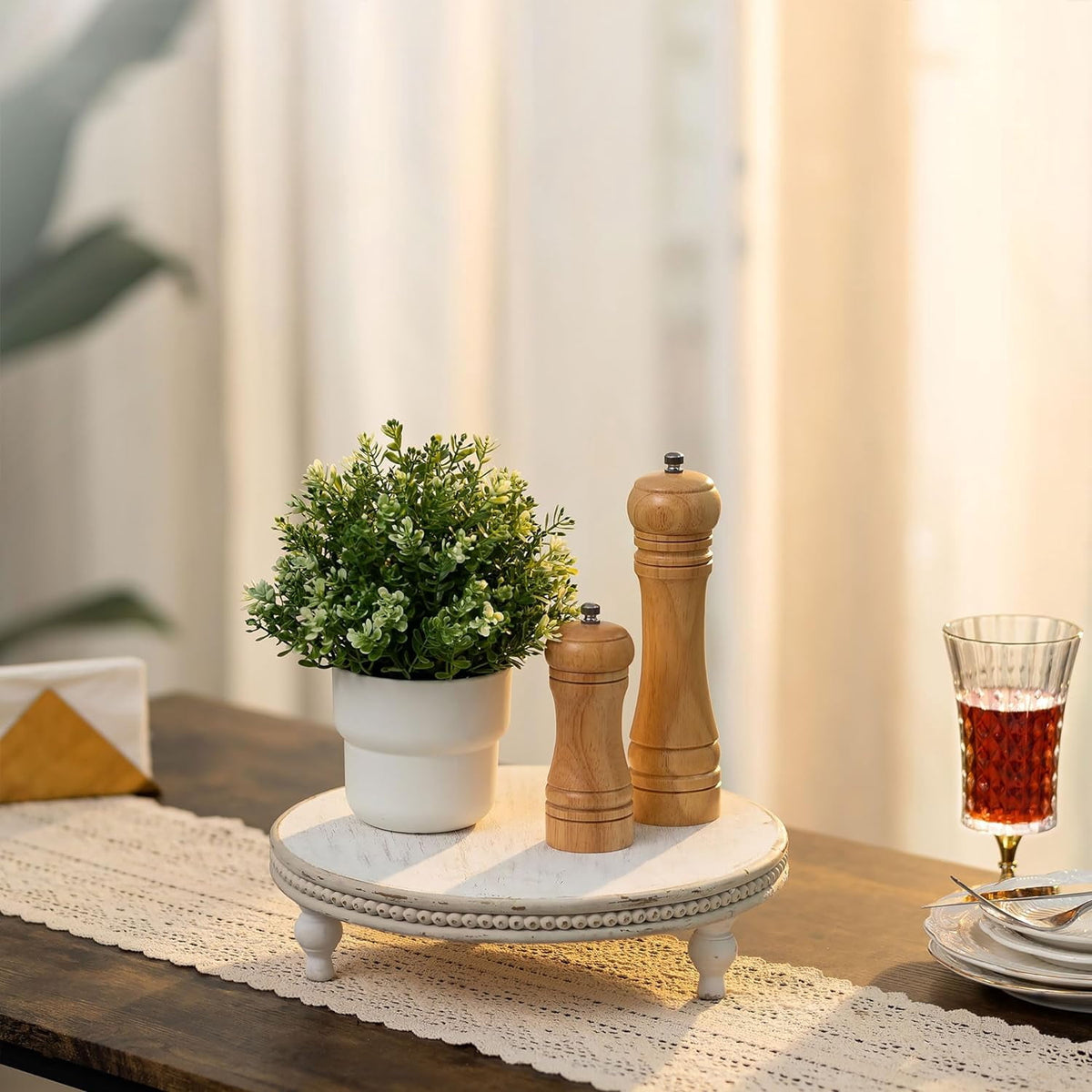 Hanobe Farmhouse Wooden Round Decorative Tray, Pedestal Wood Riser for Display Coffee Table Decor Wedding 11.8" Table Centerpiece Candle Holder Tray, Whitewashed