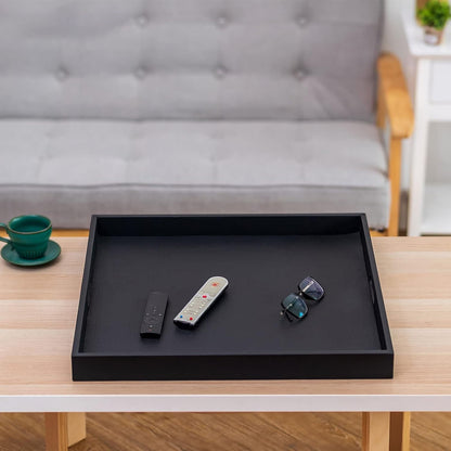 Hanobe Square Extra Large Ottoman Tray：Black Leather Decorative Tray with Handles for Ottoman Table Topper Coffee Table Living Room 22" x 22"