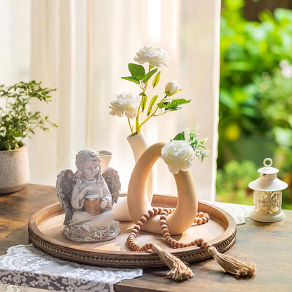 Hanobe Serving Tray for Kitchen Coffee Table Bathroom Home Decor Round Wood Farmhouse Decorative Bead Tray Decor,17.7"