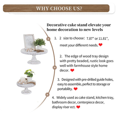 Hanobe Rustic Cake Stand 11.8 Inch Wood Dessert Display Riser Vintage Beads Cake Stand for Wedding Reception Decoration