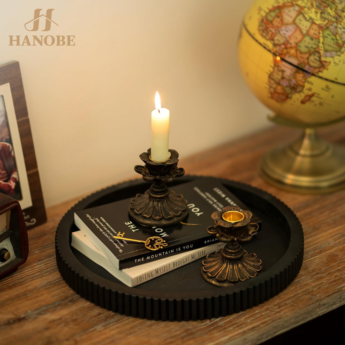 Hanobe Decorative Tray for Coffee Table Tray Decor: Black Round Wooden Trays for Home Decor - 12" Black