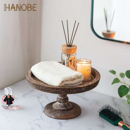 Hanobe 11"  Rustic wooden Cake Stand, Decorative Round Tray Pedestal stand Farmhouse Kitchen Decor for Counter Wedding Birthday Home Decor