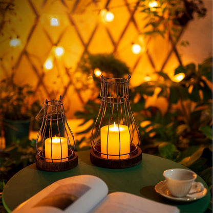 Hanobe Farmhouse Rustic Candle  Lantern Decor - Wire Metal Lantern Decorative Indoor Outdoor for Fireplace Mantle Coffee Table Decor Set of 2