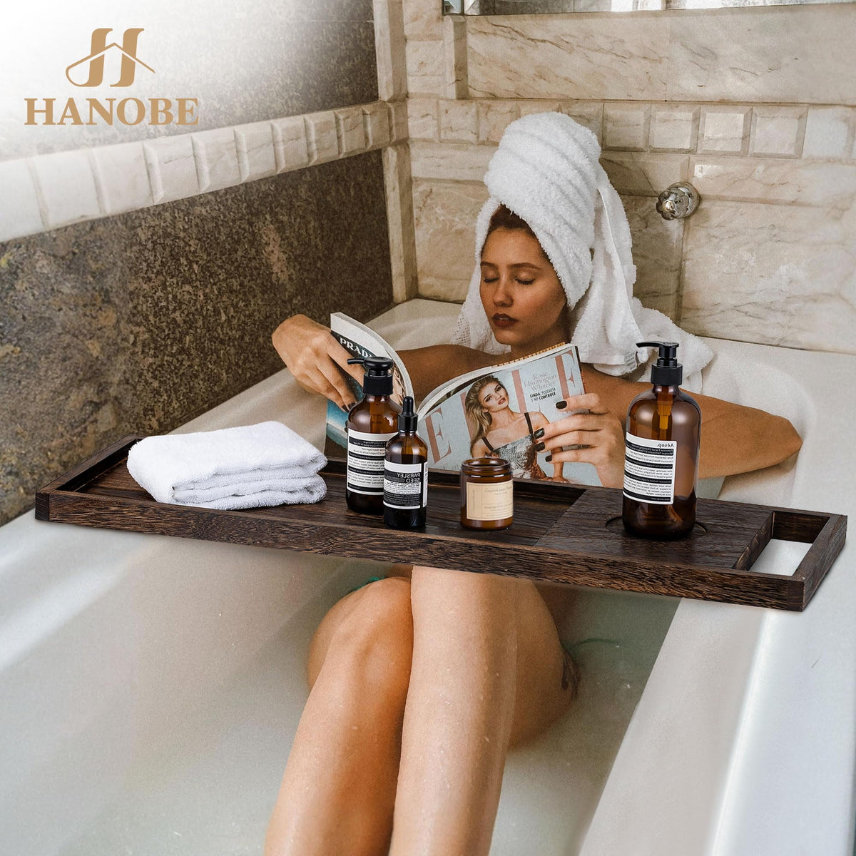 Hanobe Bathtub Tray, Bath Tub Tray Wood SPA Long Tray  with Handles Bath Accessories Organizer Home SPA