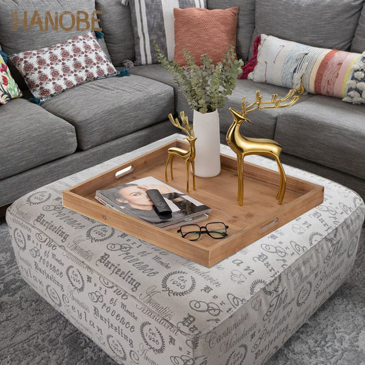 Hanobe Square Extra Large Ottoman Tray: Decorative Wooden Serving Trays with Handles for Ottoman Coffee Table Topper  Living Room