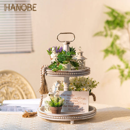 Hanobe Farmhouse Wooden Two Tiered Tray Stand:  2 Tier Trays Decor Wood for  Kitchen Island Decor Home Decor Living Room Coffee Table Centerpieces（White）