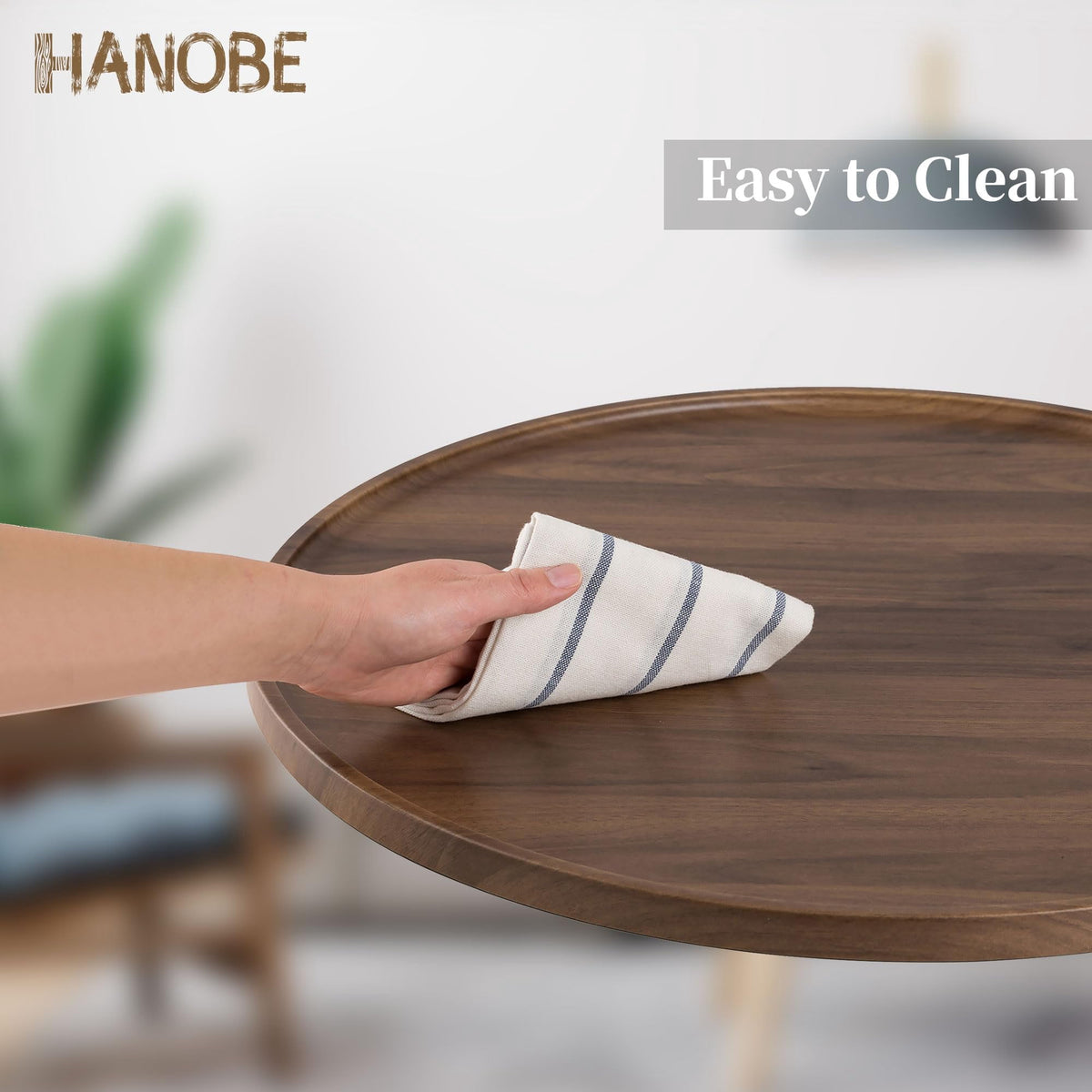 Hanobe Extra Large Round Ottoman Tray Wood, 17.7" Large Circle Decorative Serving Trays for Ottoman Coffee Table, Walnut