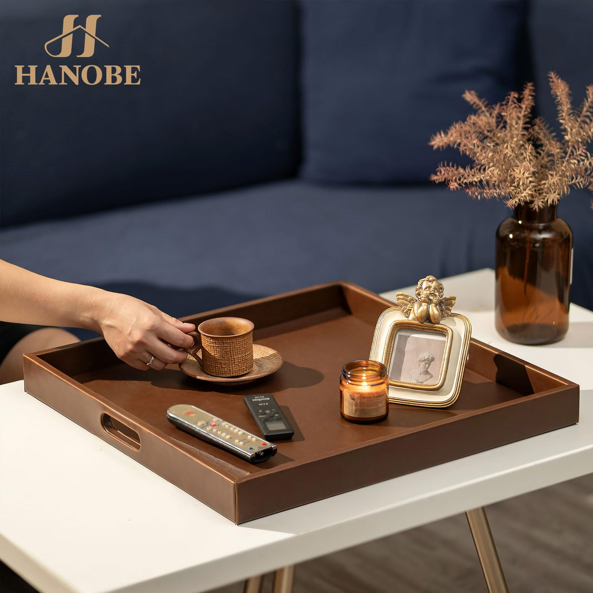 Hanobe Ottoman Large Decorative Serving Tray: 20'' Decorative Round Trays with Handles - Leather Coffee Table Decor for Extra Big Counter Home Living Room - Oversized