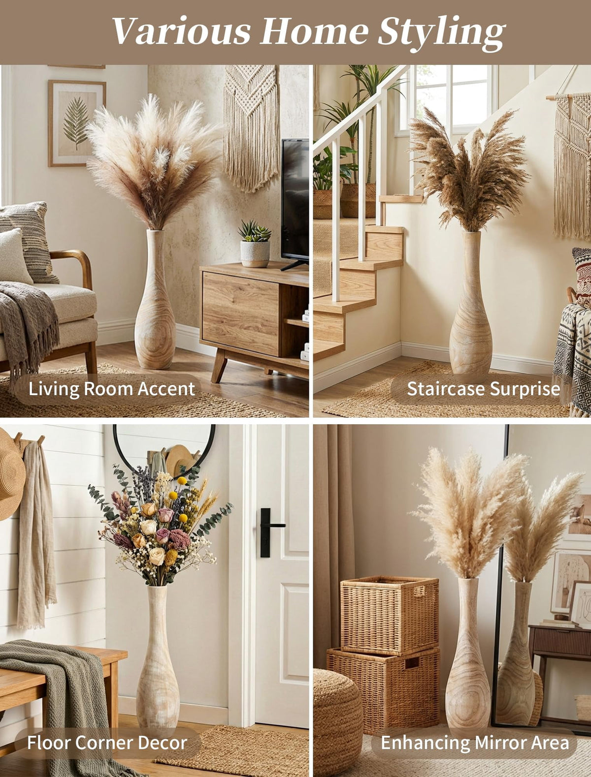 Hanobe 22" Tall Floor Vase Decorative for Pampas Grass, Boho Farmhouse Living Room Decor （Whitewashed）