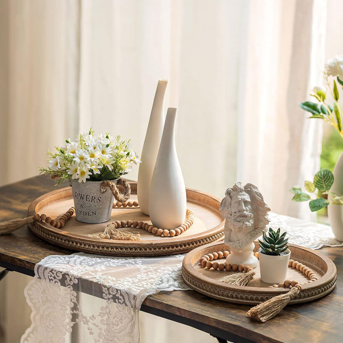 Hanobe Serving Tray for Kitchen Coffee Table Bathroom Home Decor Round Wood Farmhouse Decorative Bead Tray Decor,17.7"