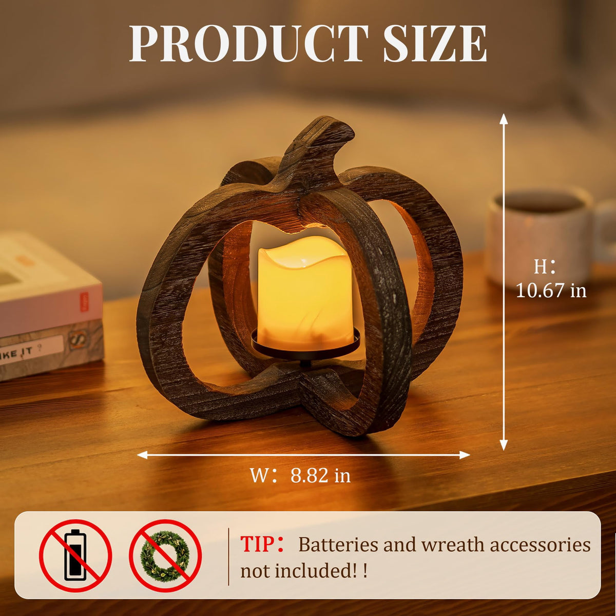 Hanobe Wood Pumpkin Lantern，Fall Candles and Lanterns for Fall Table Centerpiece With LED Candle, 1 pc 10.6 Inch