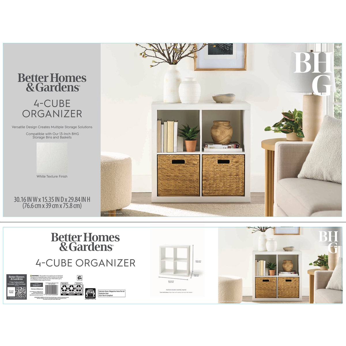 Better Homes & Gardens 4-Cube Storage Organizer, White Texture