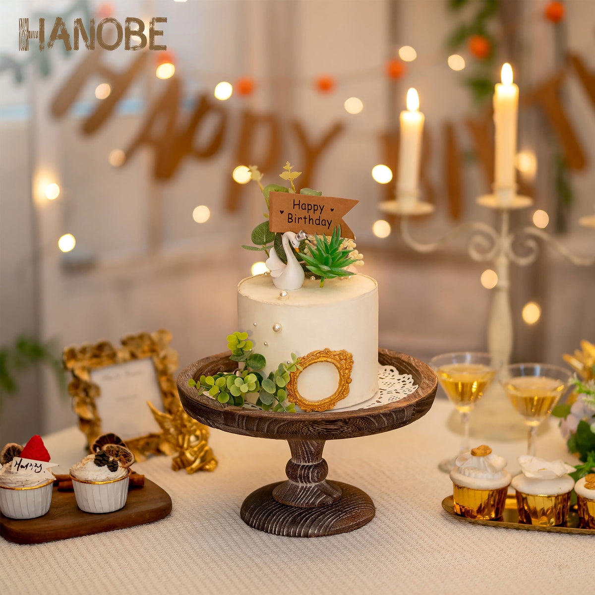 Hanobe 11"  Rustic wooden Cake Stand, Decorative Round Tray Pedestal stand Farmhouse Kitchen Decor for Counter Wedding Birthday Home Decor