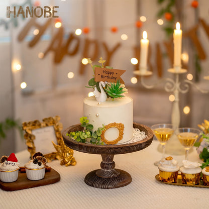 Hanobe 11"  Rustic wooden Cake Stand, Decorative Round Tray Pedestal stand Farmhouse Kitchen Decor for Counter Wedding Birthday Home Decor