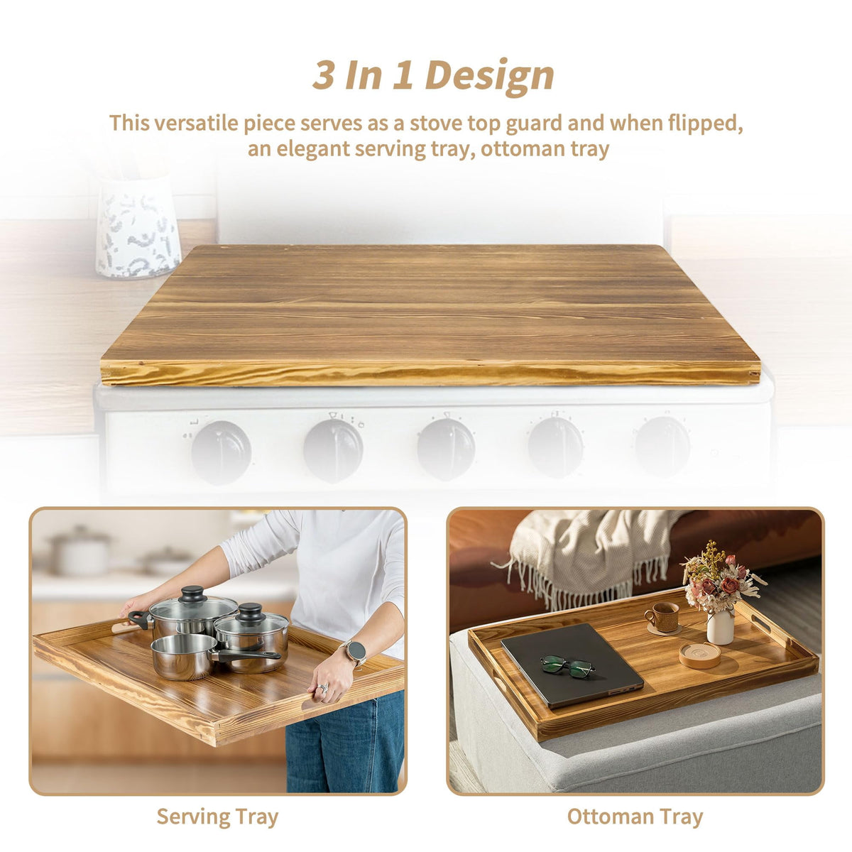 Hanobe Large Ottoman Tray: 30" Decorative Wooden Trays for Ottoman with Handles - Ottoman Table Topper for Coffee Table