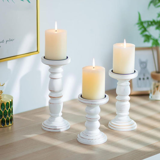 Hanobe Wood Rustic Candle Holders for PIllar Candles， Farmhouse White Candle Holders Set of 3 Candlestick Holder