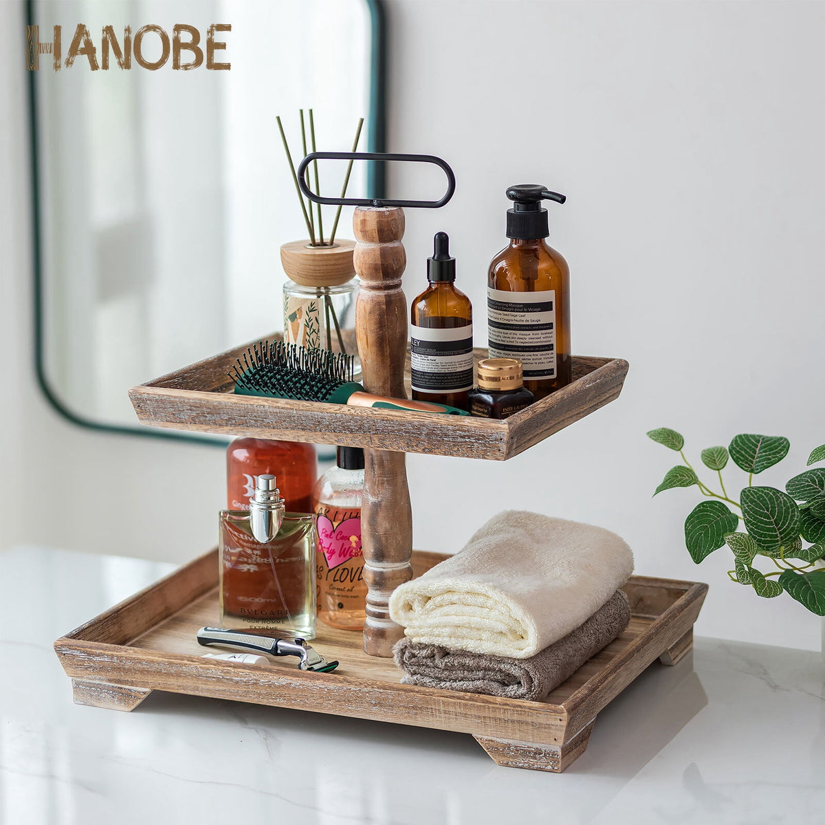 Hanobe Farmhouse Tiered Tray Stand Decor:  Decorative 2 Tier Serving Tray Stand for Rustic Table Centerpiece, Kitchen Island Decor, Coffee Bar, or Cupcake Stand  (Brown)