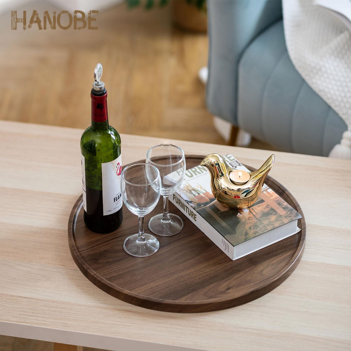 Hanobe Extra Large Round Ottoman Tray Wood, 17.7" Large Circle Decorative Serving Trays for Ottoman Coffee Table, Walnut