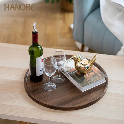 Hanobe Extra Large Round Ottoman Tray Wood, 17.7" Large Circle Decorative Serving Trays for Ottoman Coffee Table, Walnut