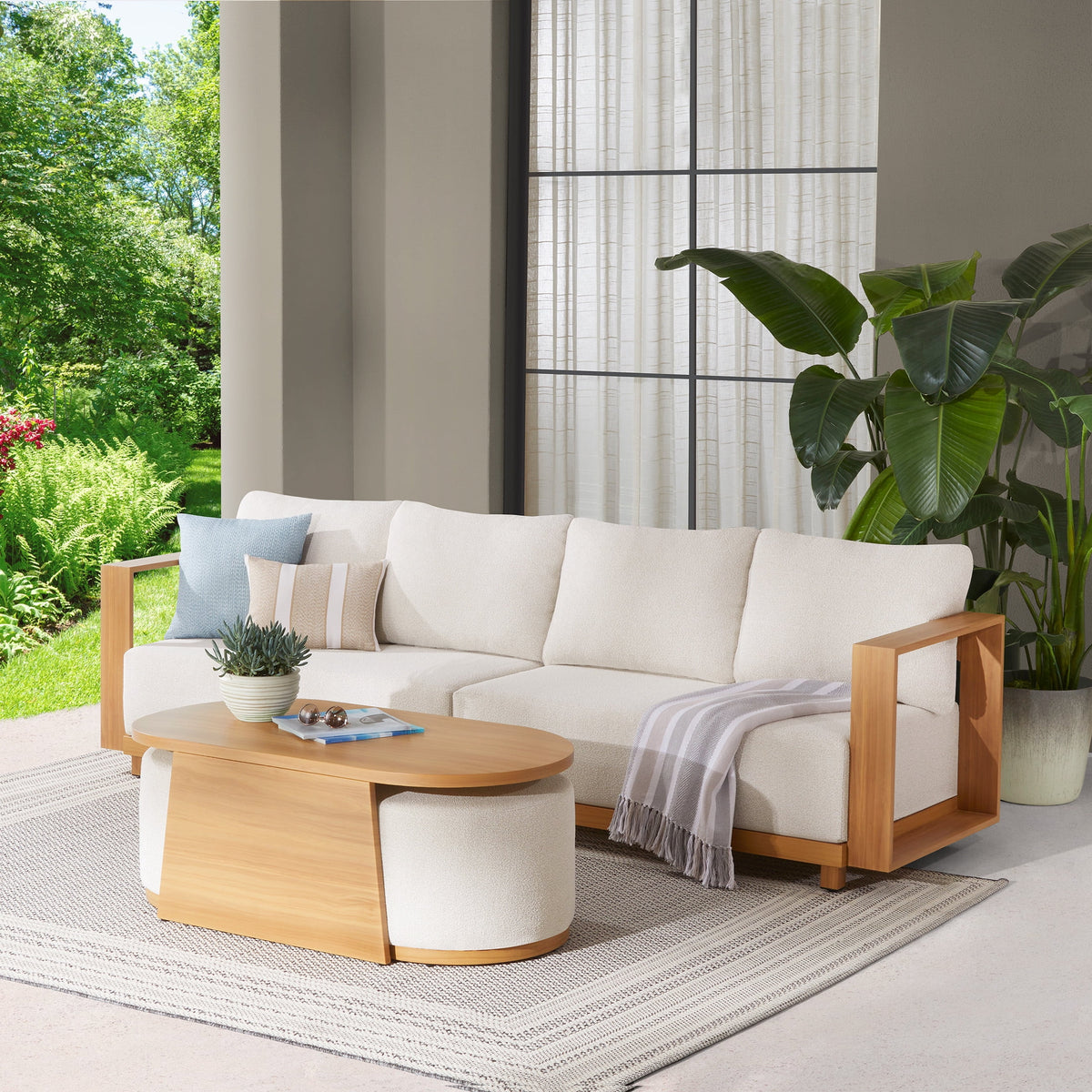 Better Homes & Gardens Juliet Outdoor Coffee Table with 2 Ottomans and Patio Cover, Beige