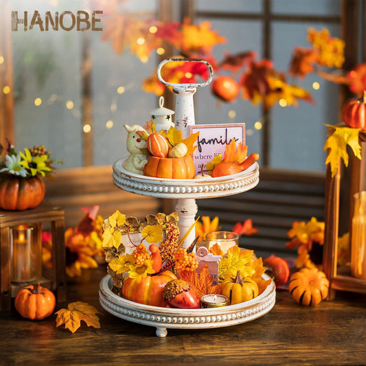Hanobe Farmhouse Wooden Two Tiered Tray Stand:  2 Tier Trays Decor Wood for  Kitchen Island Decor Home Decor Living Room Coffee Table Centerpieces（White）