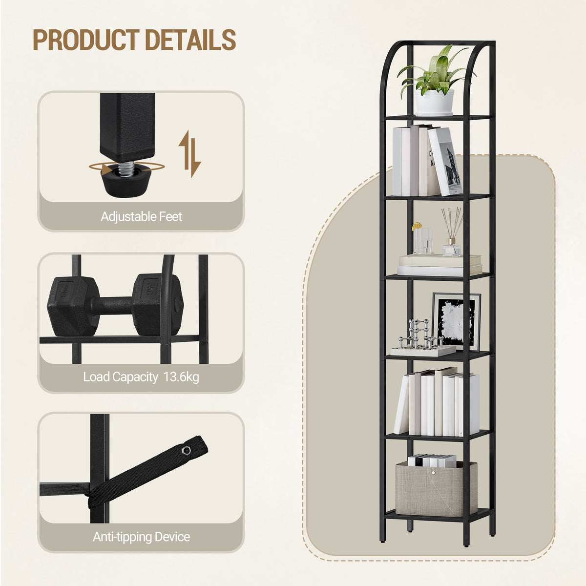 Hzuaneri Bookshelf Narrow Bookcase, Tall Storage Rack with Steel Frame, Display Standing Shelf Unit, Skinny Book Shelf for Study Living Room Home Office, Industrial Style, 6-Tier Black
