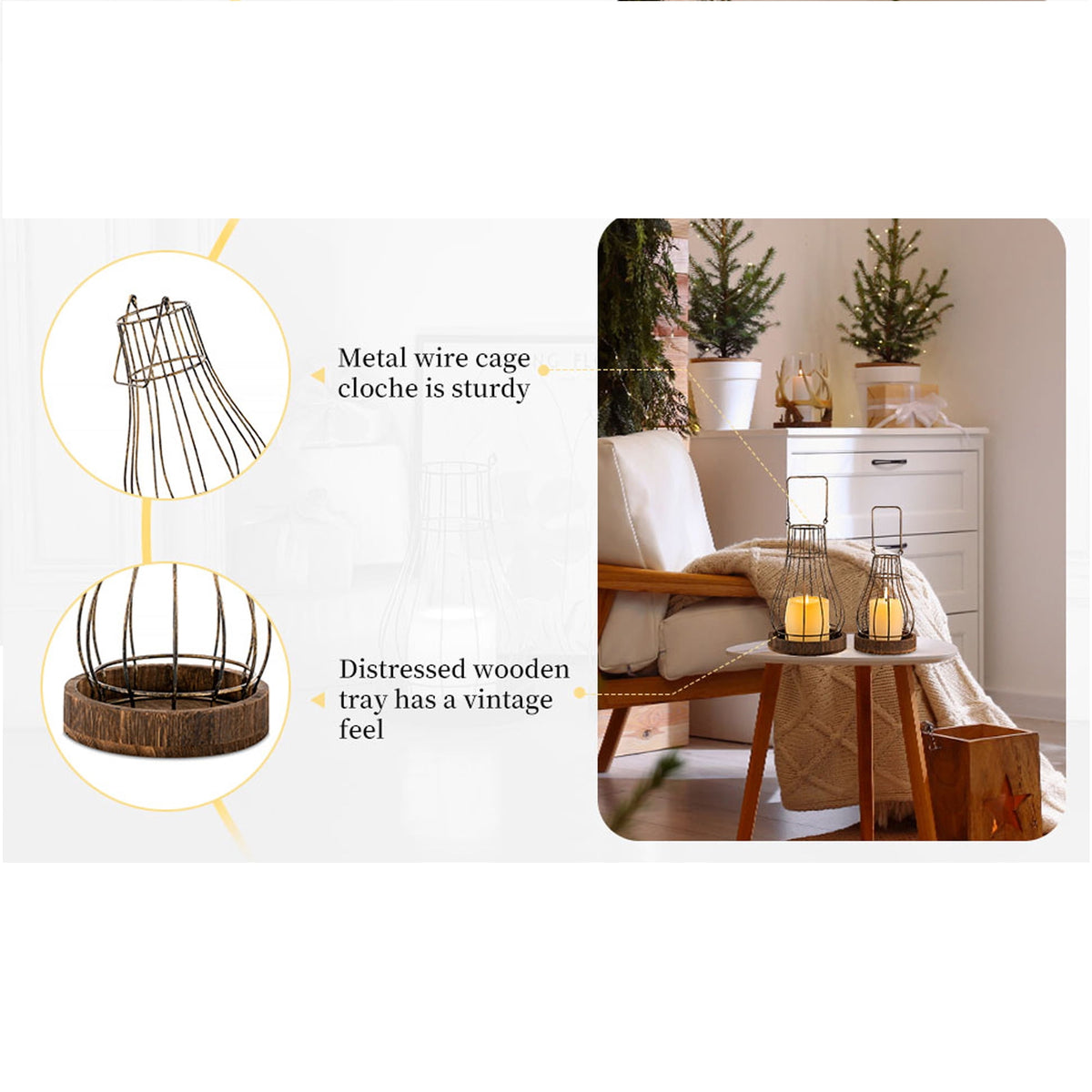 Hanobe Farmhouse Rustic Candle  Lantern Decor - Wire Metal Lantern Decorative Indoor Outdoor for Fireplace Mantle Coffee Table Decor Set of 2