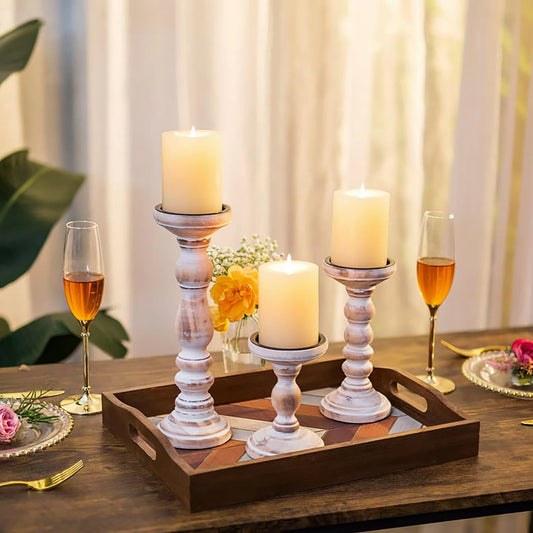 Hanobe Wooden Pillar Candle Holders  Set of 3