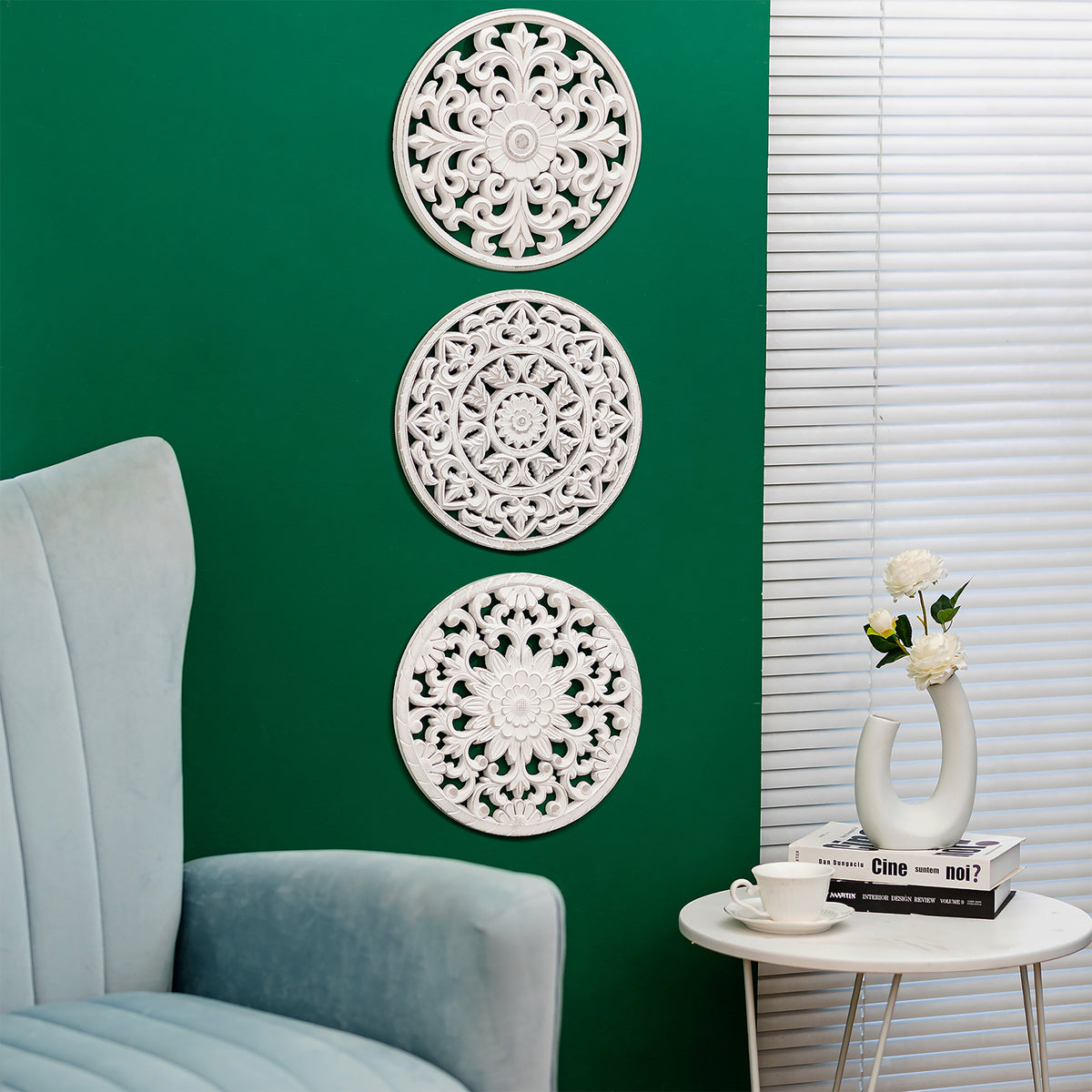 Hanobe White Wall Decor Carved Medallion - Rustic Wood Wall Art Decorative Distressed Hanging Decorations Farmhouse Home Decoration for Living Room Bedroom Kitchen Bathroom Set of 3