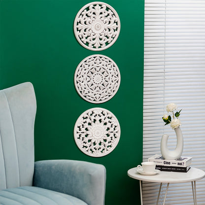 Hanobe White Wall Decor Carved Medallion - Rustic Wood Wall Art Decorative Distressed Hanging Decorations Farmhouse Home Decoration for Living Room Bedroom Kitchen Bathroom Set of 3