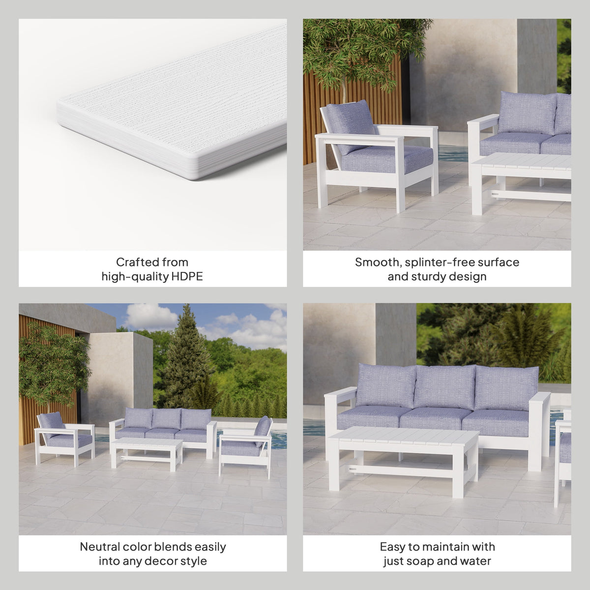 Better Homes & Gardens Ezra 4-Piece Outdoor HDPE Conversation Set, White with Blue Cushions