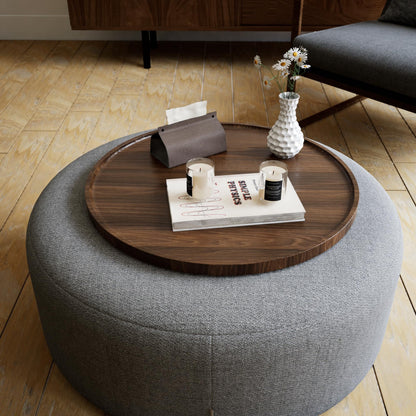 Hanobe Extra Large Round Ottoman Tray Wood, 17.7" Large Circle Decorative Serving Trays for Ottoman Coffee Table, Walnut