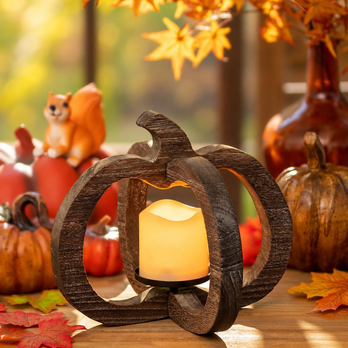 Hanobe Wood Pumpkin Lantern，Fall Candles and Lanterns for Fall Table Centerpiece With LED Candle, 1 pc 10.6 Inch