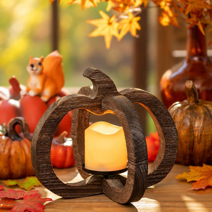 Hanobe Wood Pumpkin Lantern，Fall Candles and Lanterns for Fall Table Centerpiece With LED Candle, 1 pc 10.6 Inch