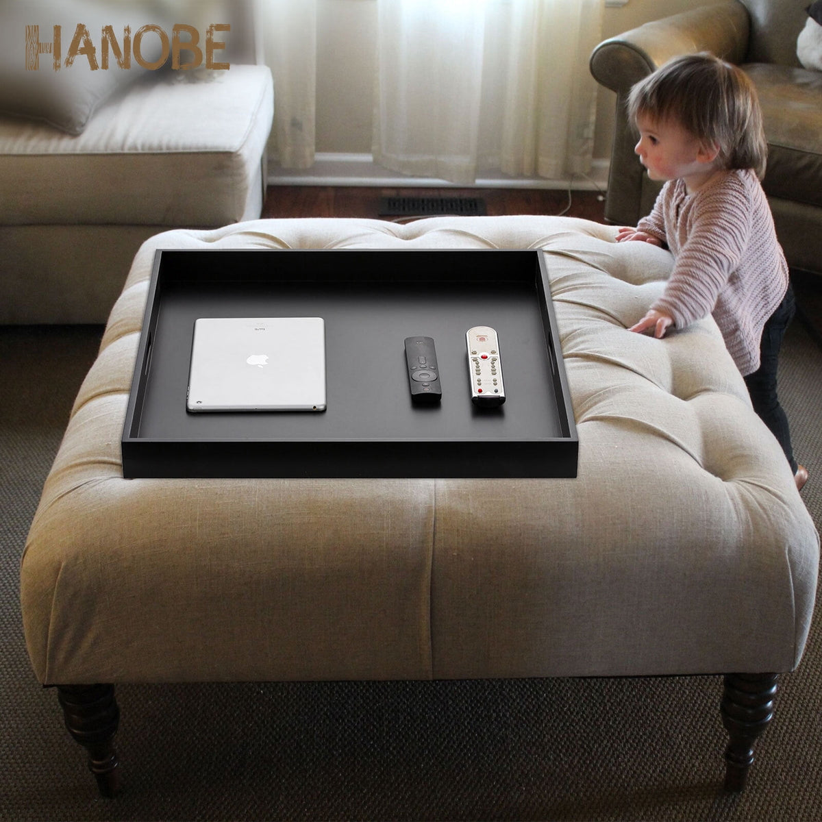 Hanobe Square Large Ottoman Tray Modern Extra Large Black Serving Decorative Trays with Cutout Handles for Living Room Coffee Table Home, 20"
