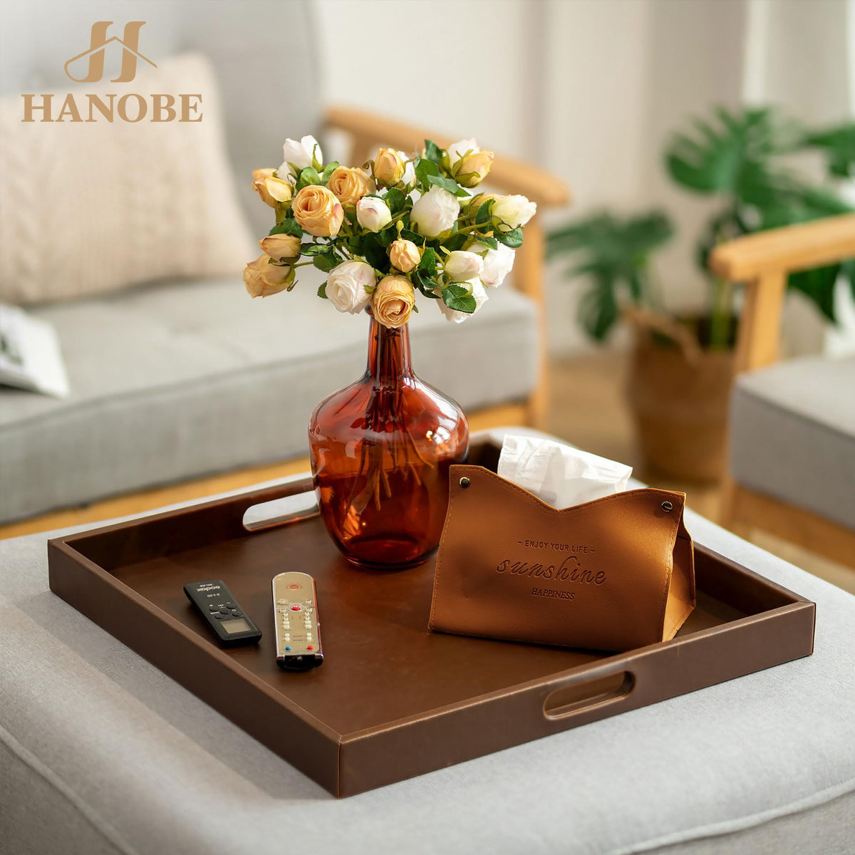 Hanobe Ottoman Large Decorative Serving Tray: 20'' Decorative Round Trays with Handles - Leather Coffee Table Decor for Extra Big Counter Home Living Room - Oversized