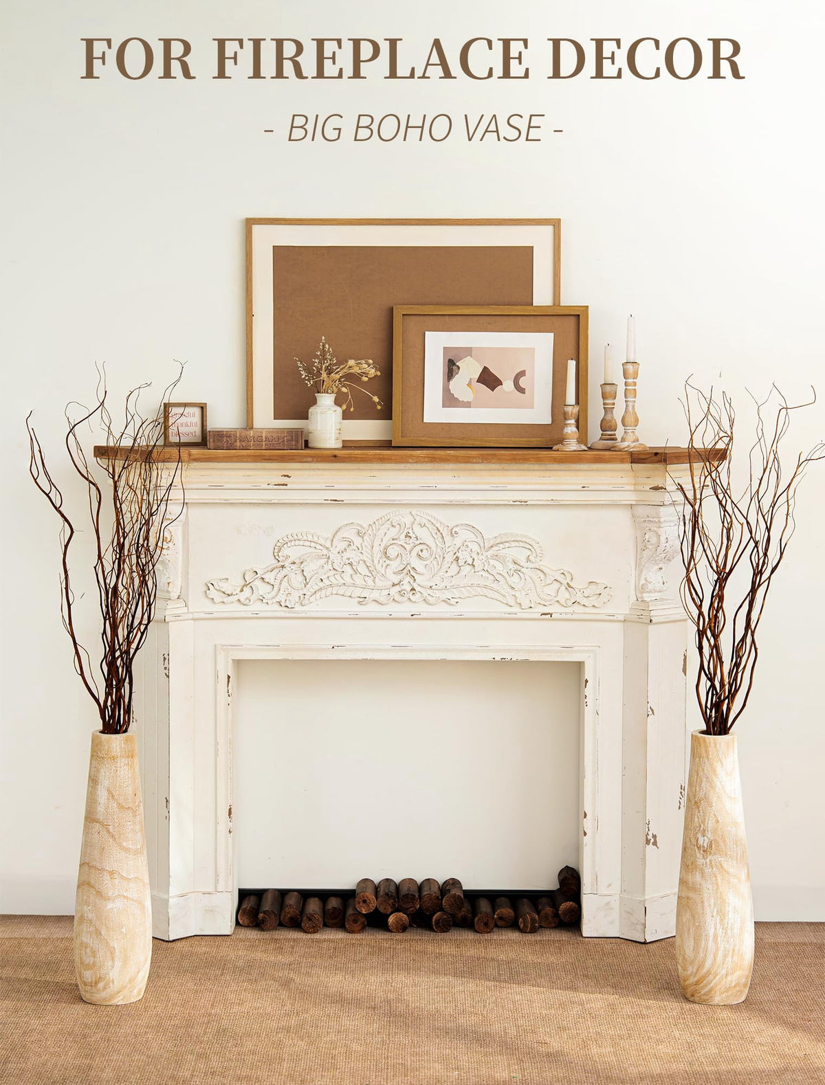 Hanobe Wooden Tall Floor Vase: 22 Inch Decorative Vases for Pampas Grass Large Vase for Boho Rustic Farmhouse Living Room Bedroom Hallway