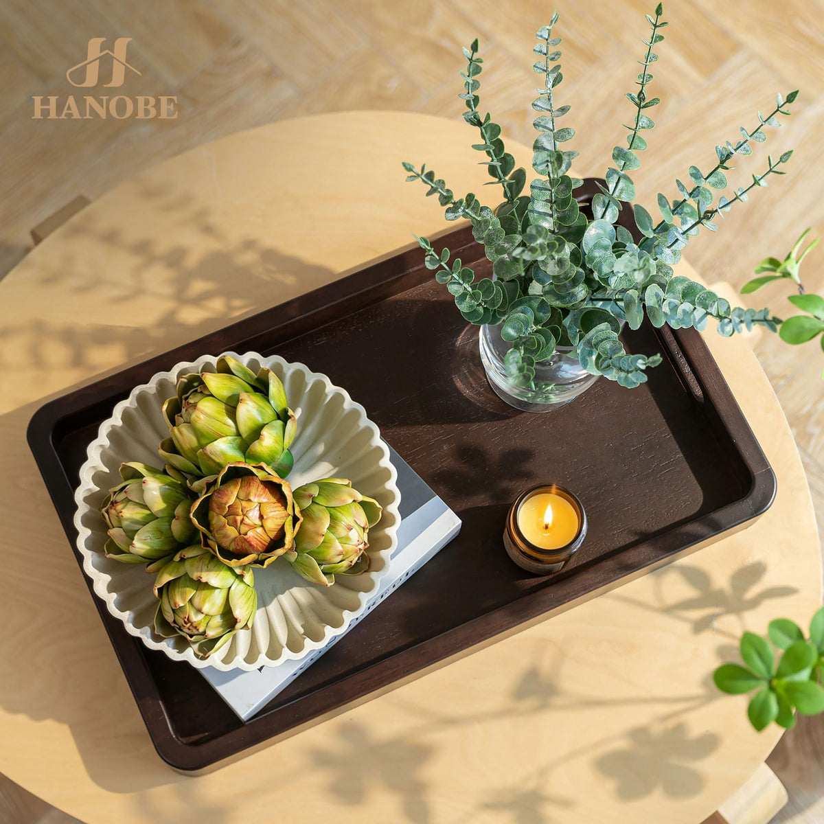 Hanobe 20" Large Wooden Ottoman Serving Trays for Coffee Table Decor | Wulnut Big Decorative Tray with Handles for Modern Farmhouse Living Room Decor