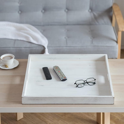 Hanobe Square Extra Large Ottoman Tray: 22" Decorative Wooden Serving Trays for Couch Ottoman Coffee Topper with Handles for Living Room（Whitewashed）