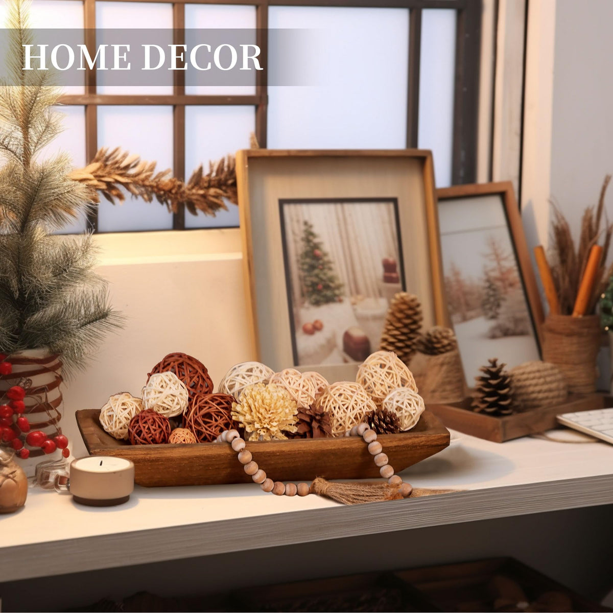 Hanobe Decorative Wood Bowl Tray for Home Decor Centerpieces Wooden Dough Tray Halloween Christmas Home Decor, Brown