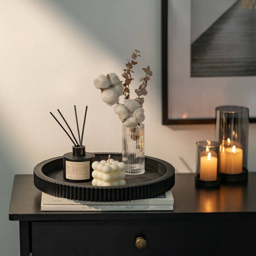 Hanobe Decorative Tray for Coffee Table Tray Decor: Black Round Wooden Trays for Home Decor - 12" Black