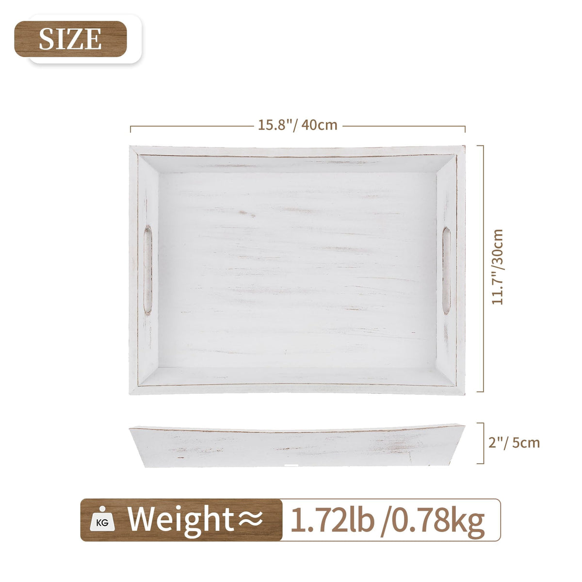 Hanobe Wooden Serving Tray with Handle, Farmhouse  Decorative Coffee Table Tray (Whitewashed )