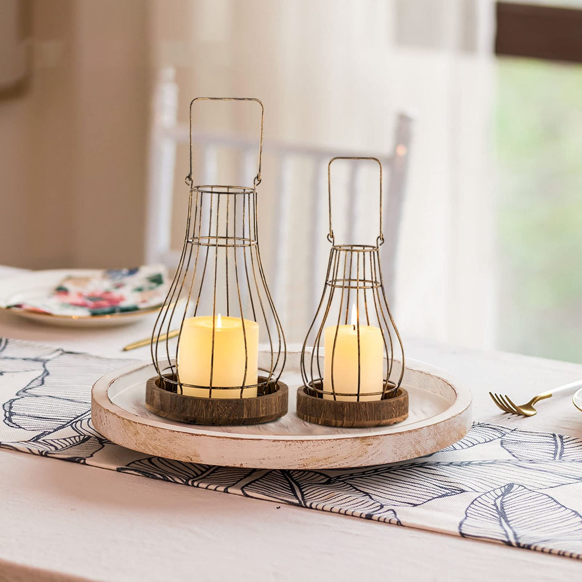 Hanobe Farmhouse Rustic Candle  Lantern Decor - Wire Metal Lantern Decorative Indoor Outdoor for Fireplace Mantle Coffee Table Decor Set of 2