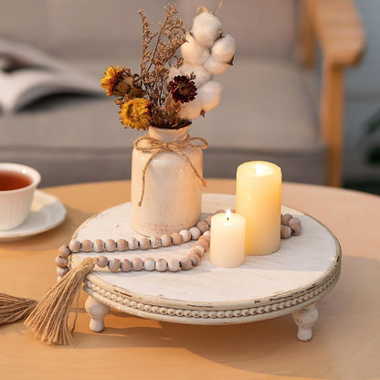 Hanobe Farmhouse Wooden Round Decorative Tray， Pedestal Wood Riser for Display Coffee Table Decor Wedding 11.8" Table Centerpiece Candle Holder Tray, Whitewashed