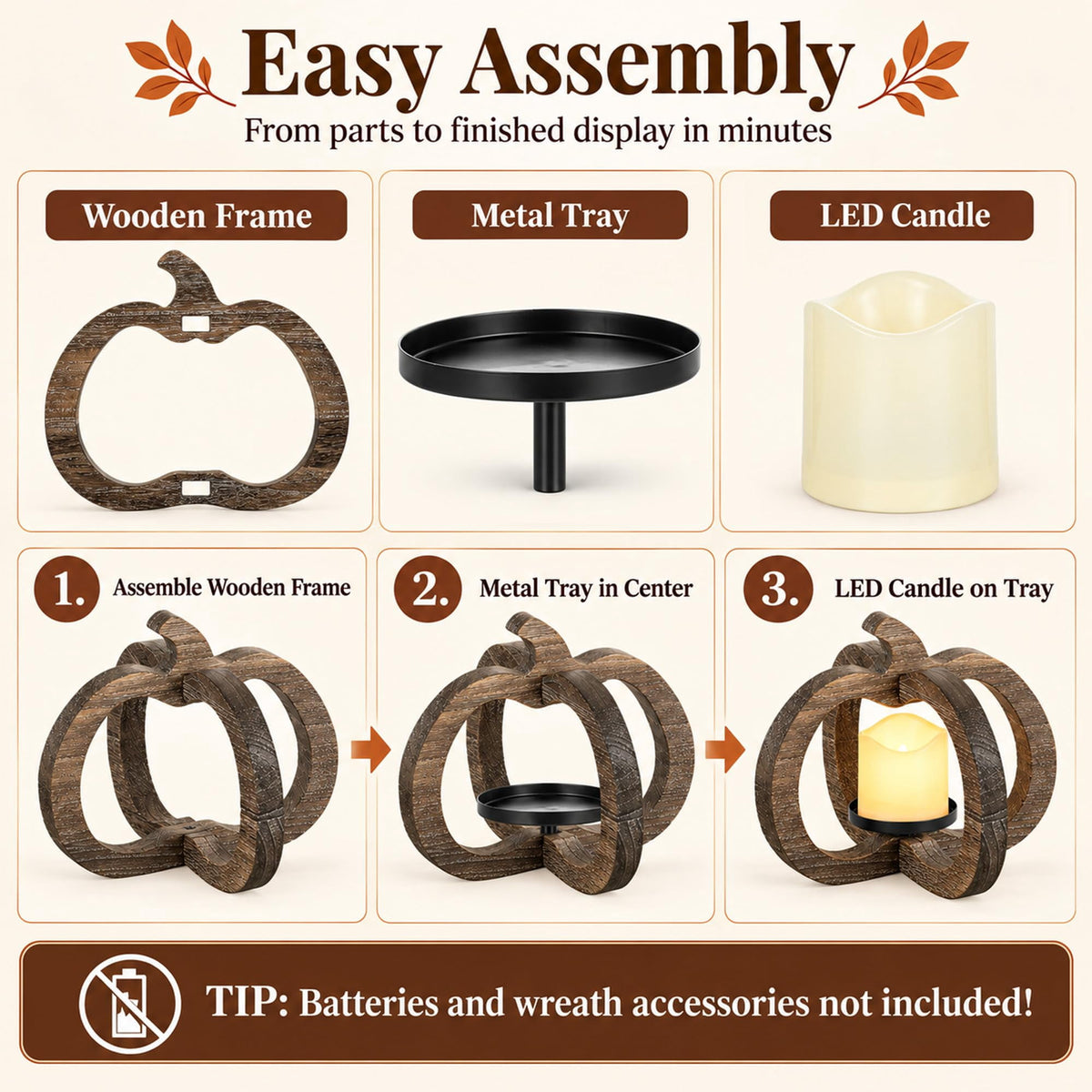 Hanobe Wood Pumpkin Lantern，Fall Candles and Lanterns for Fall Table Centerpiece With LED Candle, 1 pc 10.6 Inch