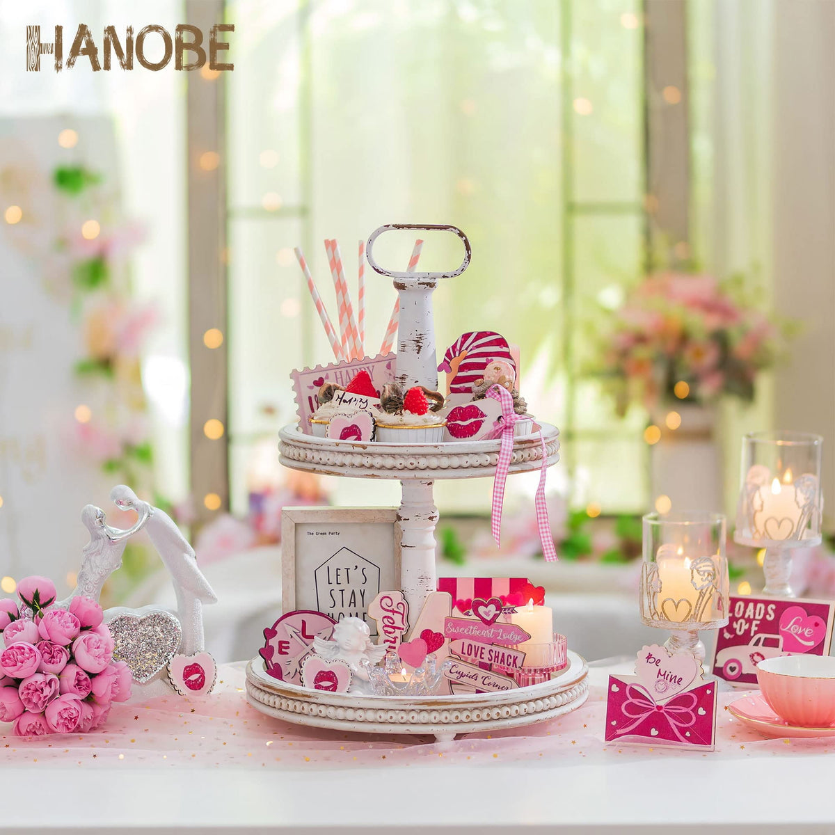 Hanobe Farmhouse Wooden Two Tiered Tray Stand:  2 Tier Trays Decor Wood for  Kitchen Island Decor Home Decor Living Room Coffee Table Centerpieces（White）