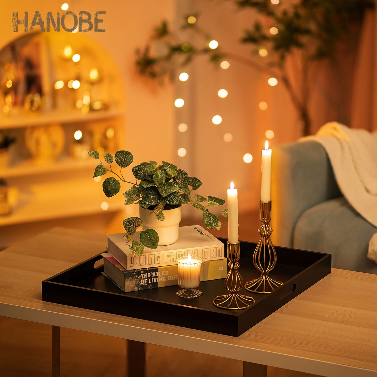 Hanobe Square Large Ottoman Tray Modern Extra Large Black Serving Decorative Trays with Cutout Handles for Living Room Coffee Table Home, 20"