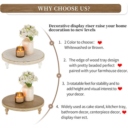 Hanobe Farmhouse Wooden Round Decorative Tray， Pedestal Wood Riser for Display Coffee Table Decor Wedding 11.8" Table Centerpiece Candle Holder Tray, Whitewashed