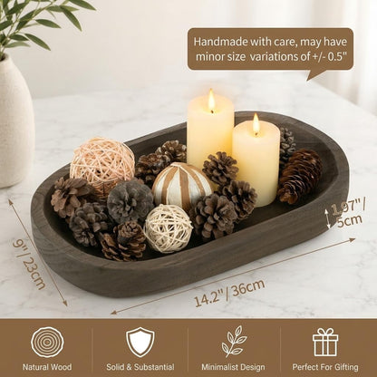 Hanobe Wooden Decorative Bowl for Coffee Table Entryway Decor, Rustic Brown