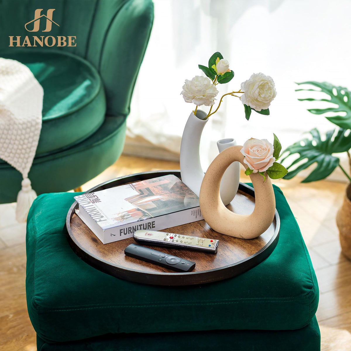 Hanobe Decorative Coffee Table Tray Decor: Brown Wooden Trays Farmhouse Centerpiece Candle Holder for Home Decor Ottoman Counter Display Living Room Organizer 18"